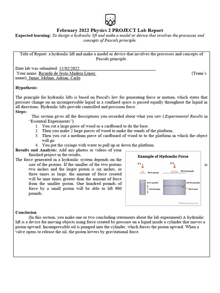 Hydraulic Lift Project Report | PDF | Home & Garden | Science & Mathematics