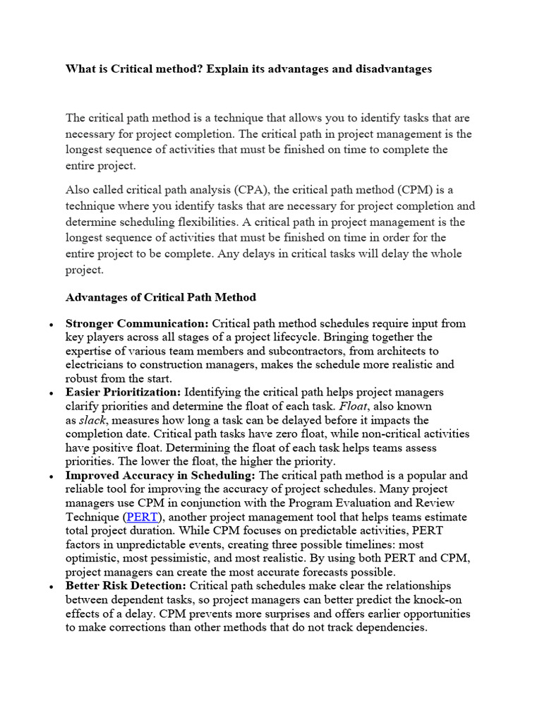 Critical Path Method: Pros & Cons | PDF