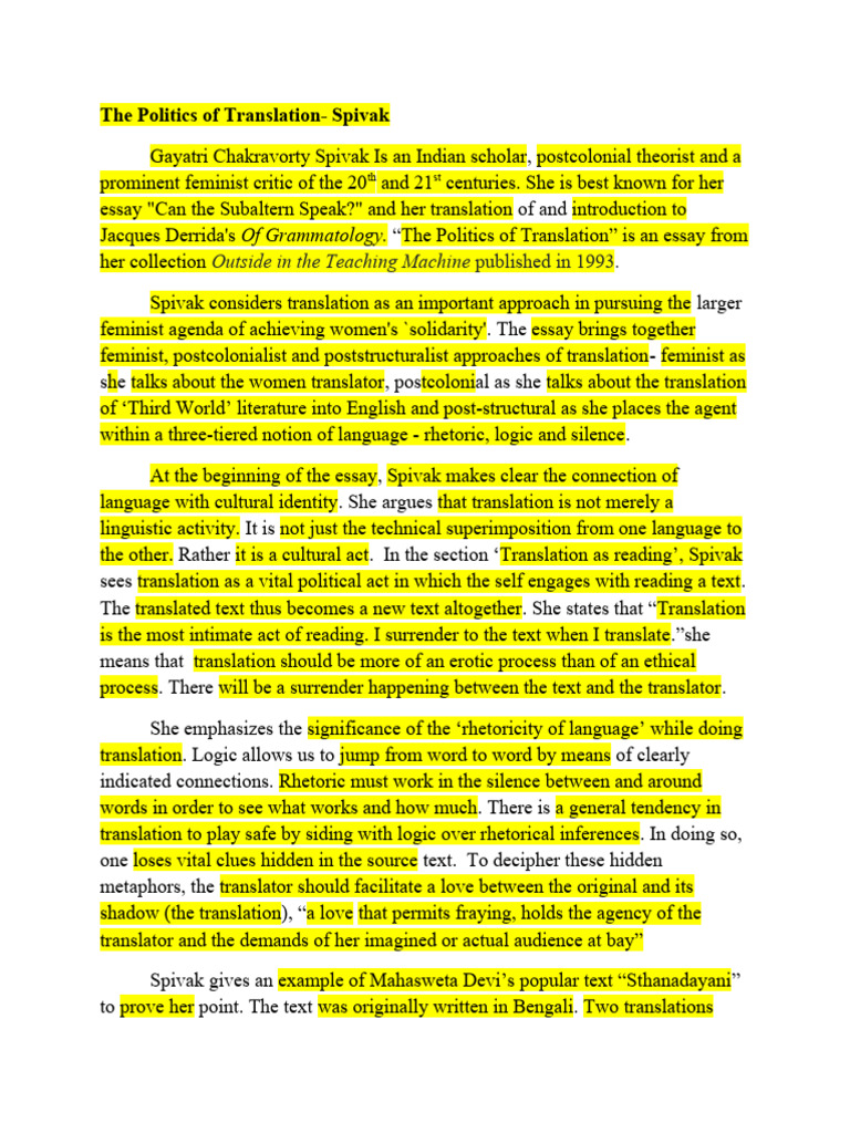 Spivak's Politics of Translation Explained | PDF | Liberal Arts Education