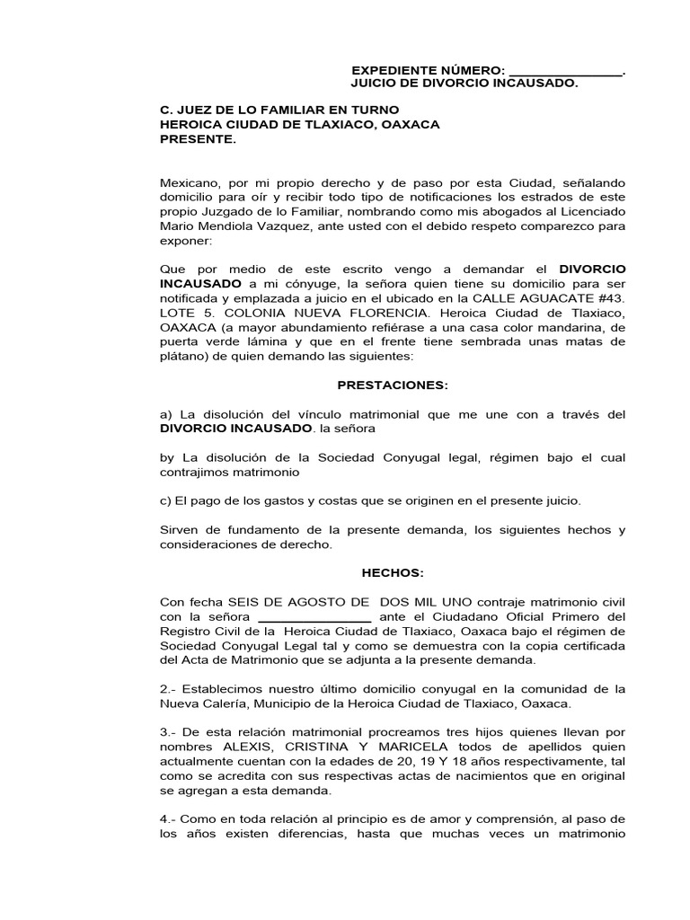 Demanda de Divorcio Incausado en Oaxaca | PDF | Divorcio | Matrimonio