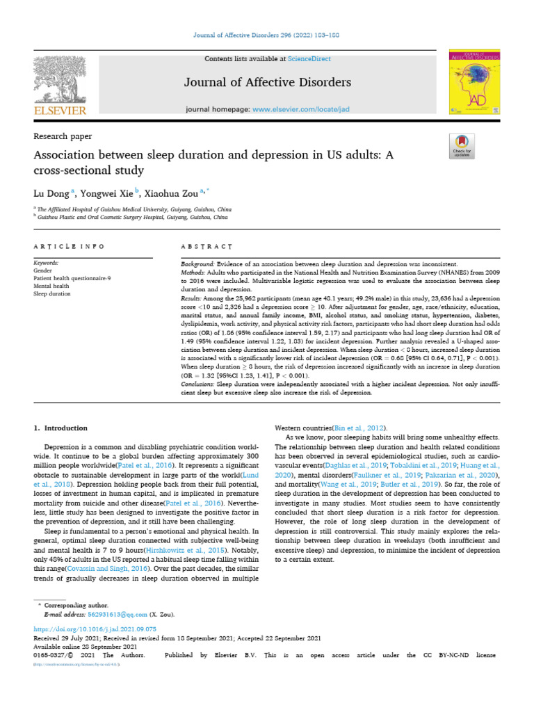 Association Between Sleep Duration and Depression in US Adults | PDF ...