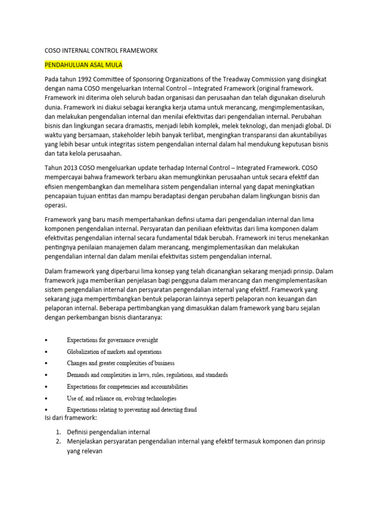 Summary Coso Internal Control Framework Tulisan | PDF
