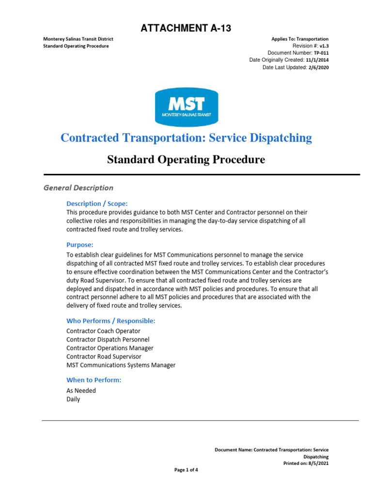 Service Dispatching SOP for MST | PDF
