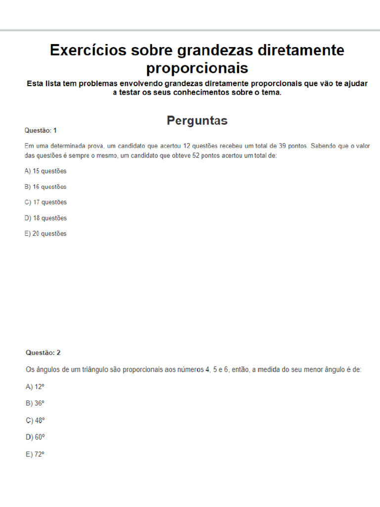 Exercícios sobre grandezas diretamente proporcionais | PDF