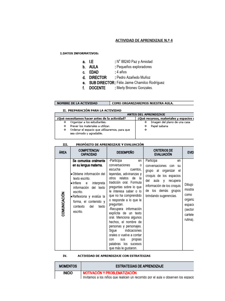 Organización del Aula para Niños de 4 Años | PDF | Aprendizaje | Evaluación
