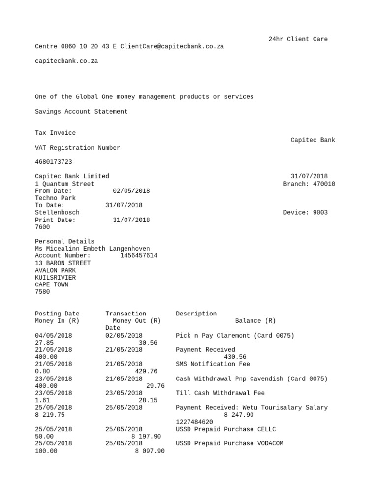 Account Statement Capitec | PDF | Stored Value Card | Automated Teller ...