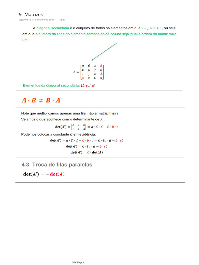 Anotações Aula de Matrizes | PDF