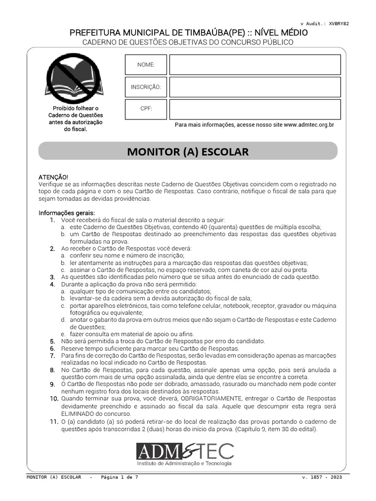 Prova de Monitor Escolar 2024: Questões e Instruções | PDF ...