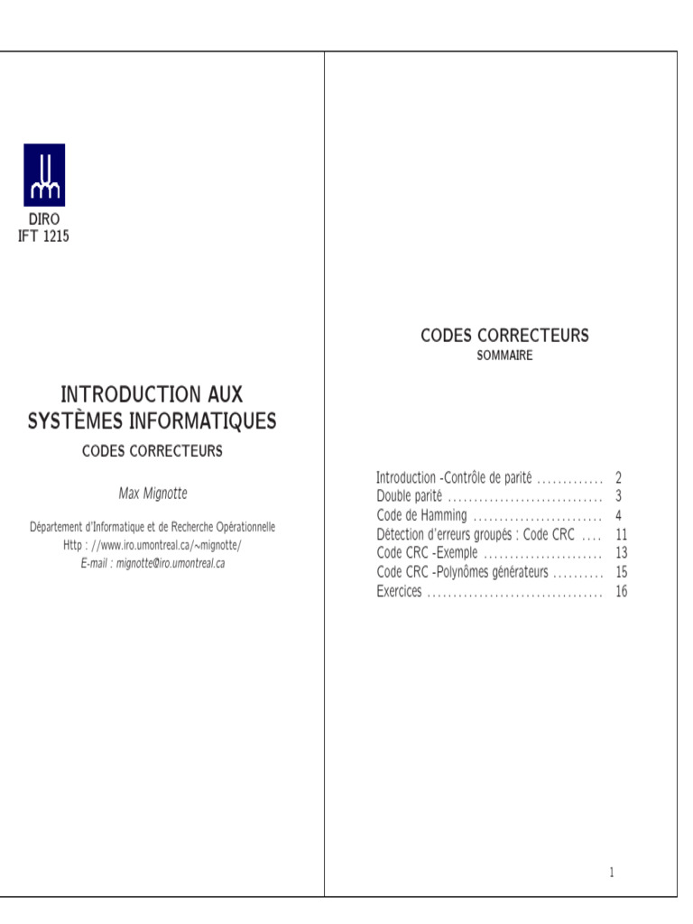 Introduction aux Codes Correcteurs IFT 1215 | PDF | Détection et ...