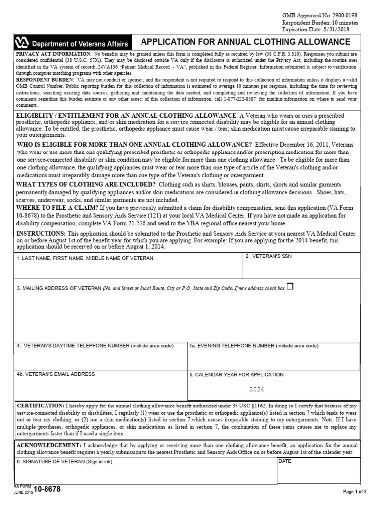 Clothing Allowance Form PDF United States Department Of Veterans