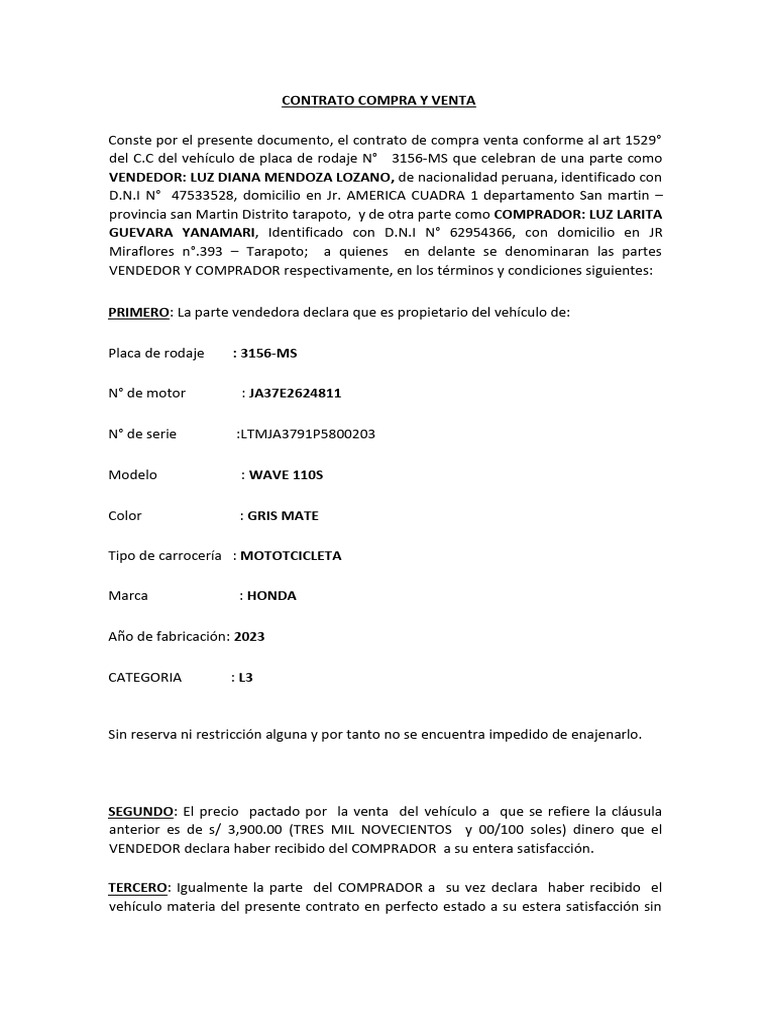 Contrato de Compra Venta de Motocicleta | PDF | Derecho privado ...
