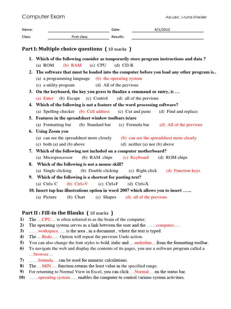 Computer Exam: Multiple Choice & Answers | PDF | Input/Output ...