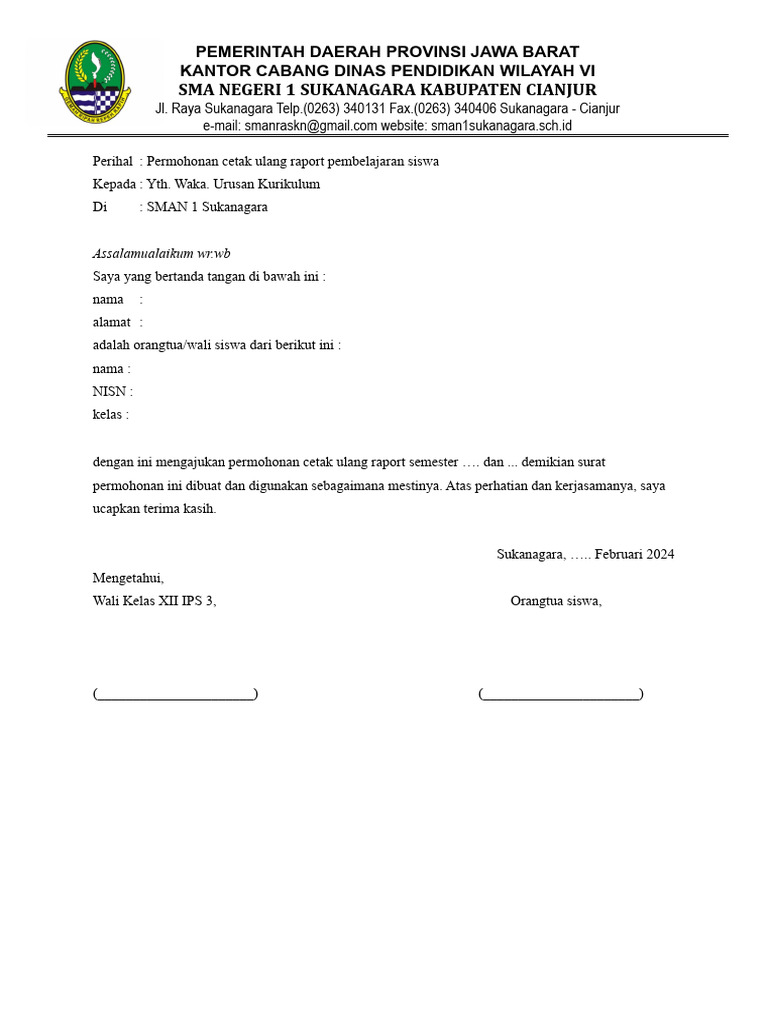 Surat permohonan cetak ulang raport kelas 12 IPS 3 | PDF
