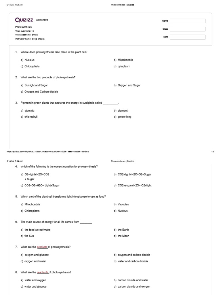 Quizizz - Photosynthesis | PDF | Photosynthesis | Plants