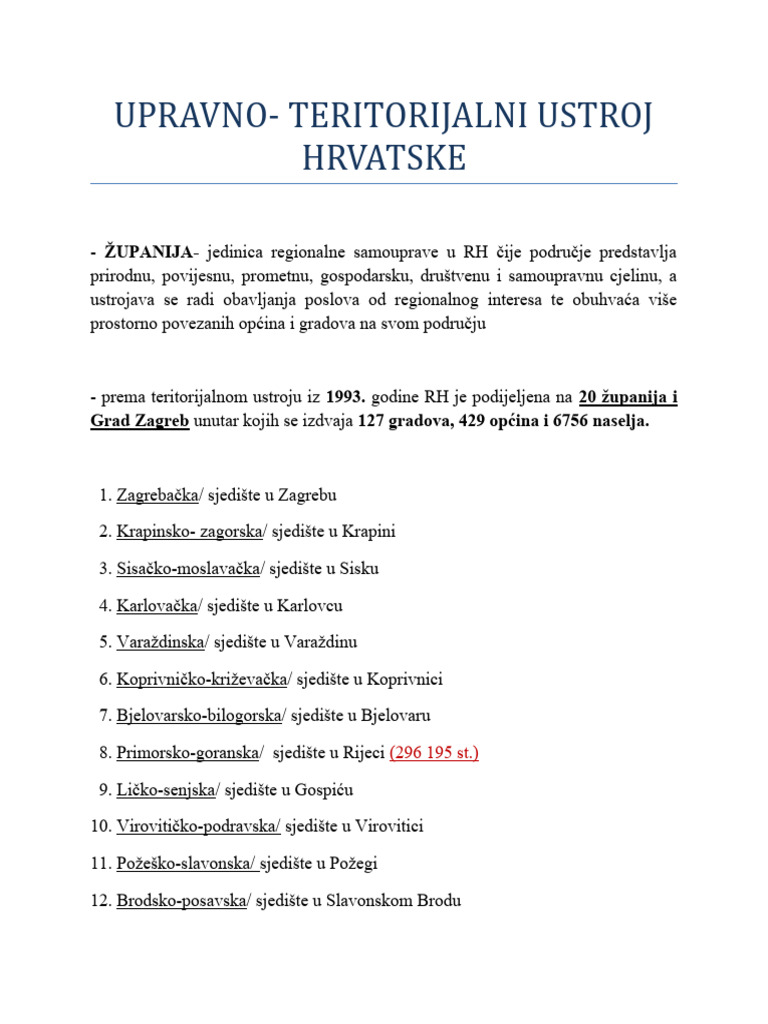 Prirodna, Funkcionalna I Upravno-Politicka Podjela RH | PDF