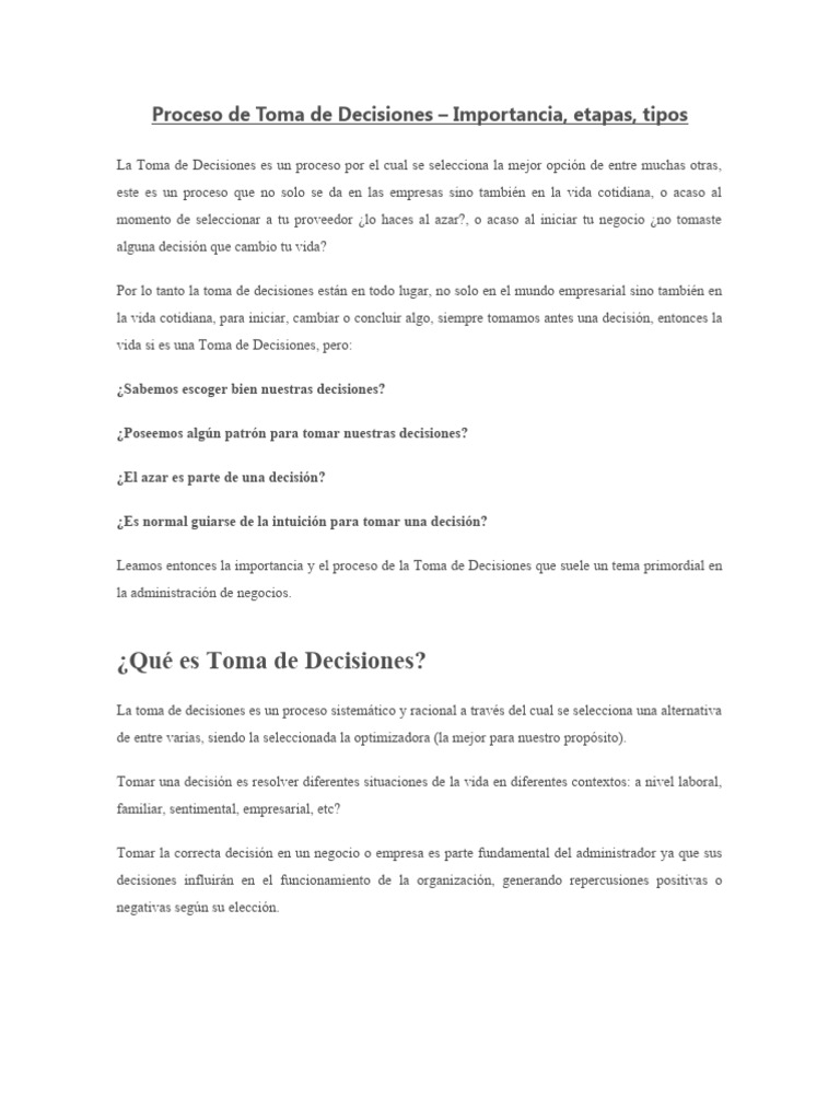 Proceso de Toma de Decisiones: Etapas y Tipos | PDF | Toma de ...