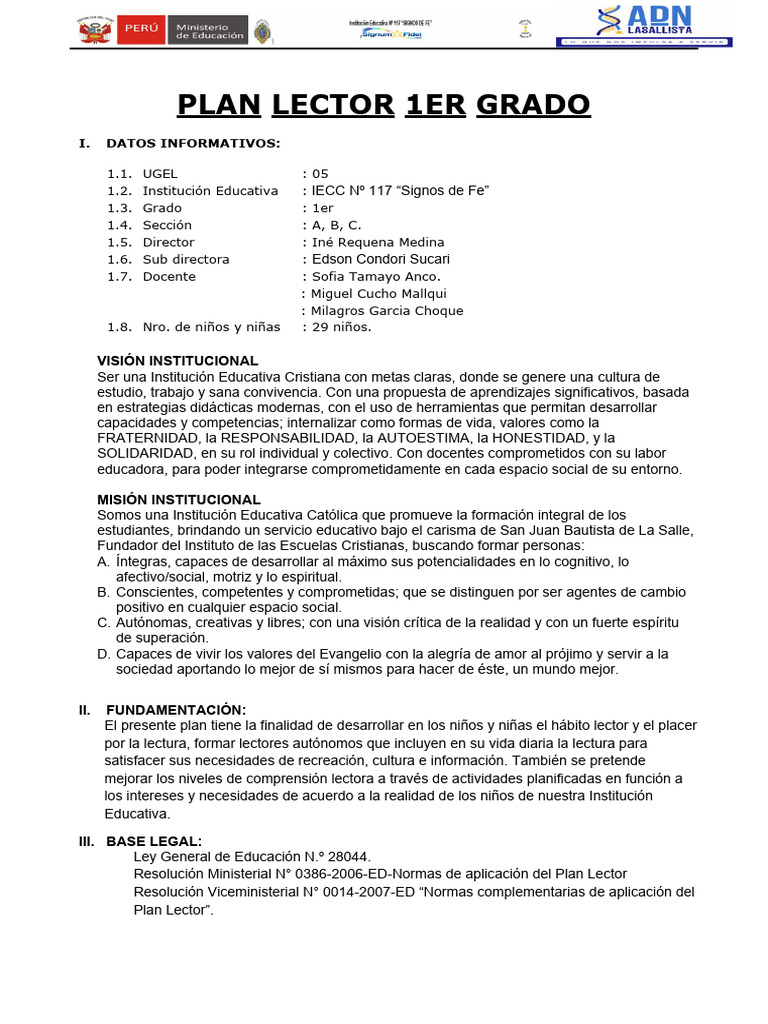 Plan Lector para Primer Grado 2024 | PDF | Educación primaria ...