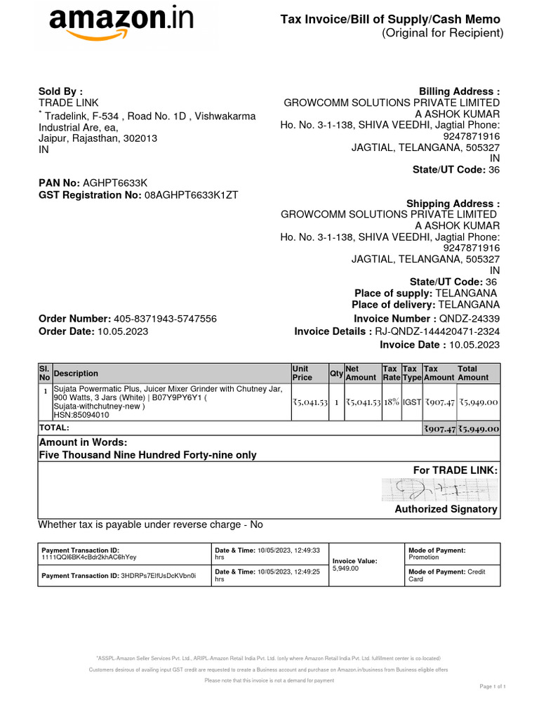 Sujata Powermatic Plus Invoice Details | PDF | Invoice | Trade