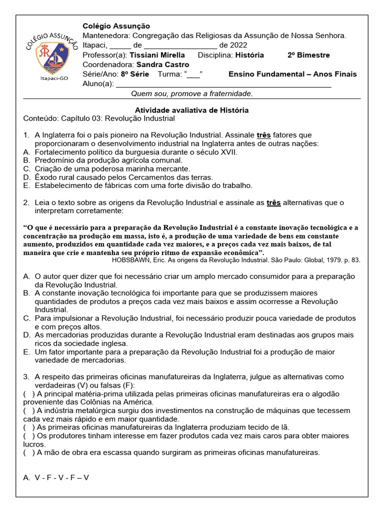 Exercícios sobre Revolução Industrial 8º Ano | PDF | Revolução ...