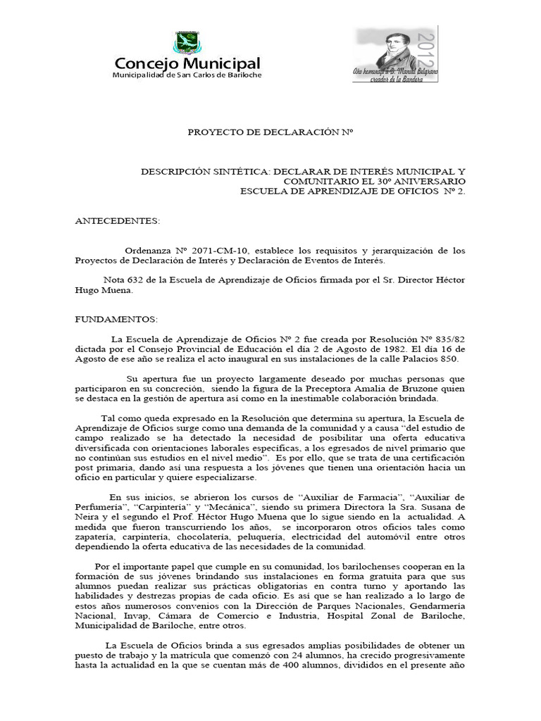 Proyecto 113 12 declarar de interes mun y com el 30 aniver esc de