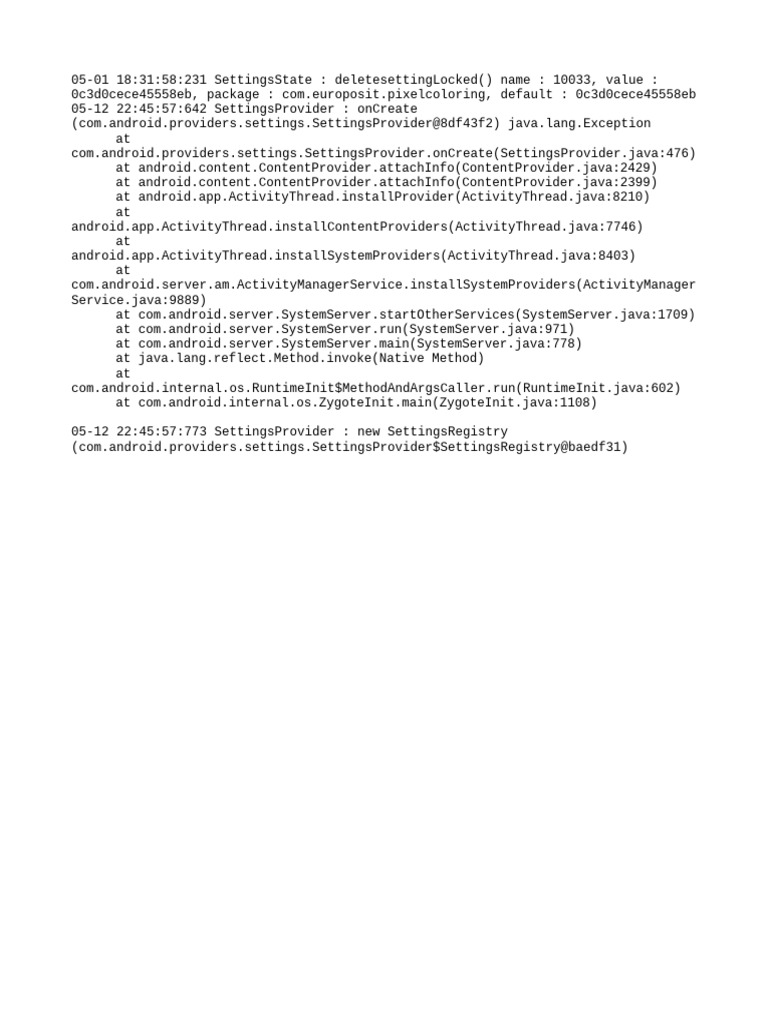 Android SettingsProvider Error Log | PDF