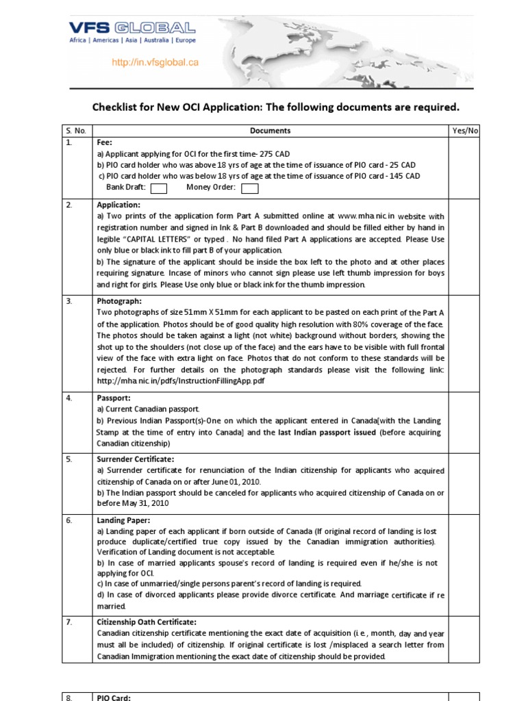 Oci Application Checklist