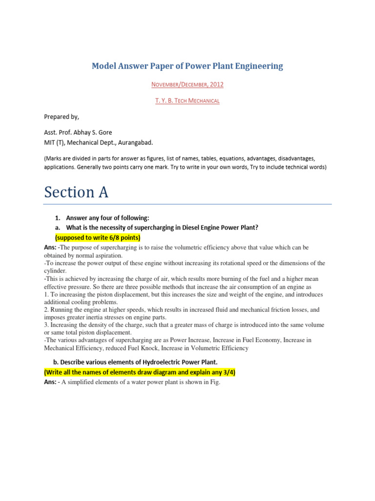 Power Plant Engineering Model Answers | PDF | Internal Combustion ...