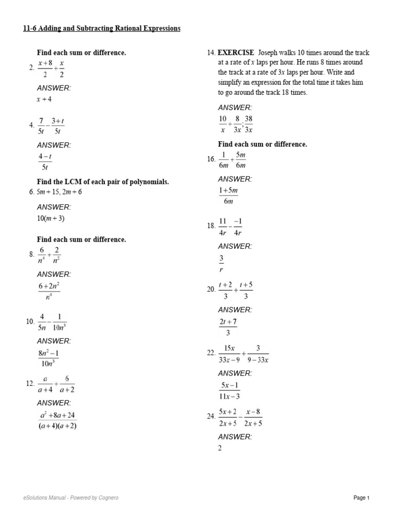 11.6 Adding and Subtracting Rational Expressions Even Answers Only ...