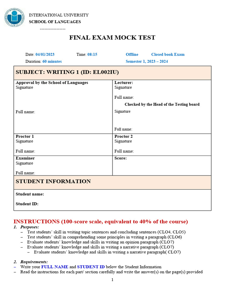 Writing 1 Final Exam Mock Test | PDF | Hamburgers