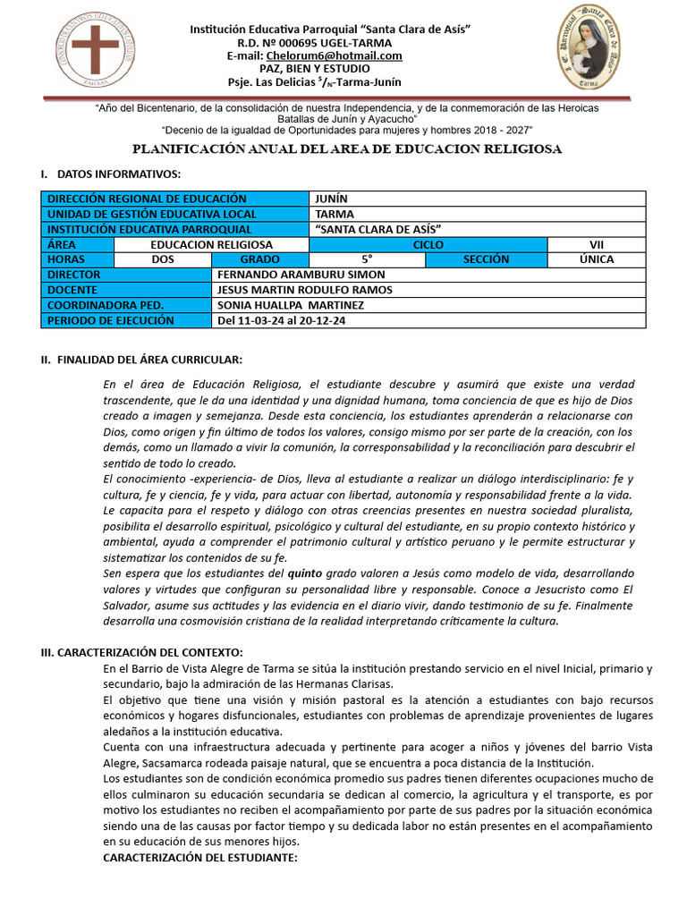 Planificación Anual Educación Religiosa 2024 | PDF | Fe | Iglesia Católica