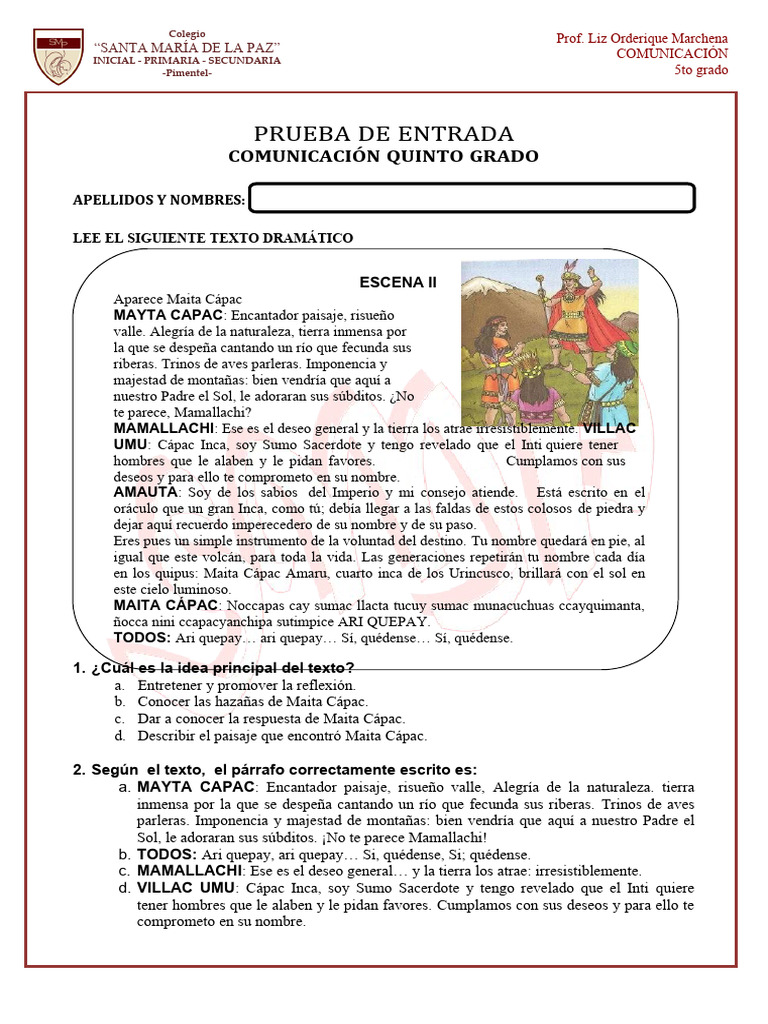Prueba de Entrada 5º GRADO Comunicacion | PDF | Imperio Inca