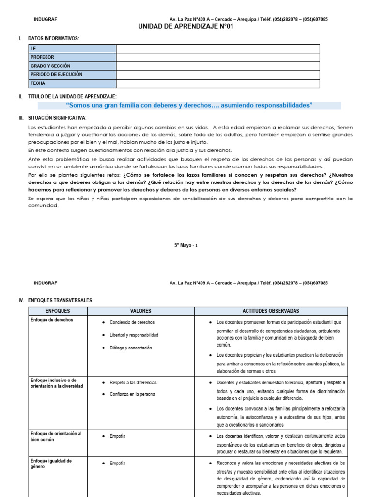 5° Grado - Unidad de Aprendizaje N°03 | PDF | Aprendizaje | Educación ...