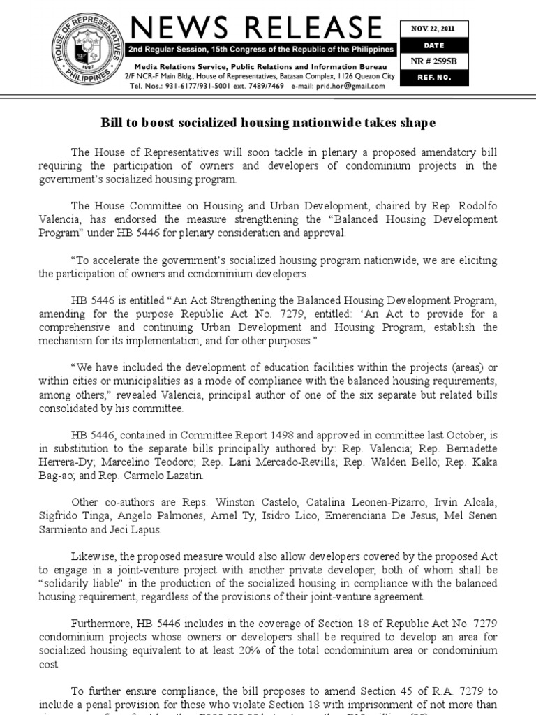 Socialized Housing Bill HB 5446 Overview | PDF | Government | Justice