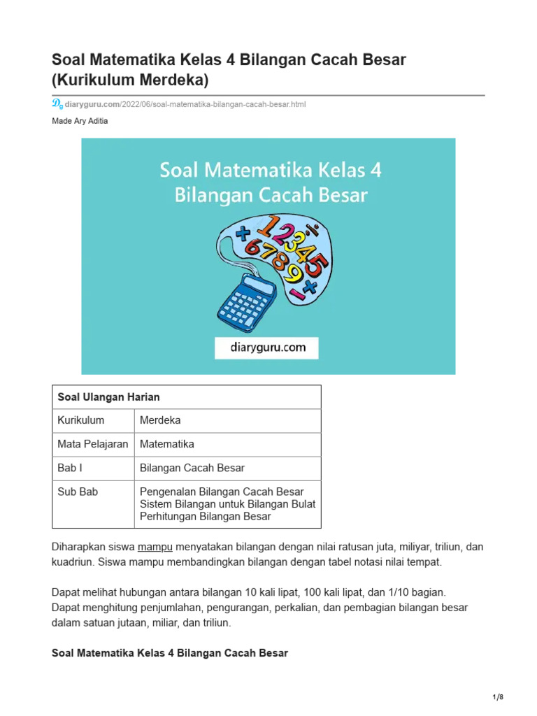 Soal Matematika Bilangan Cacah Kelas 4 | PDF | Metode & Bahan Ajar