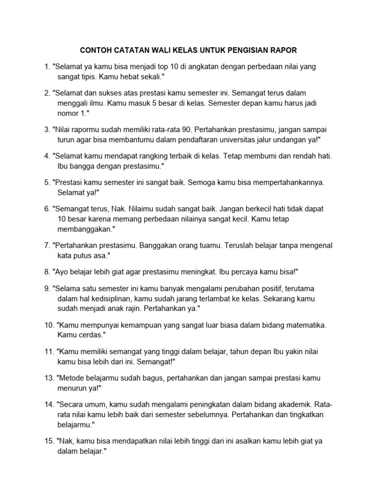 Contoh Catatan Wali Kelas Rapor | PDF