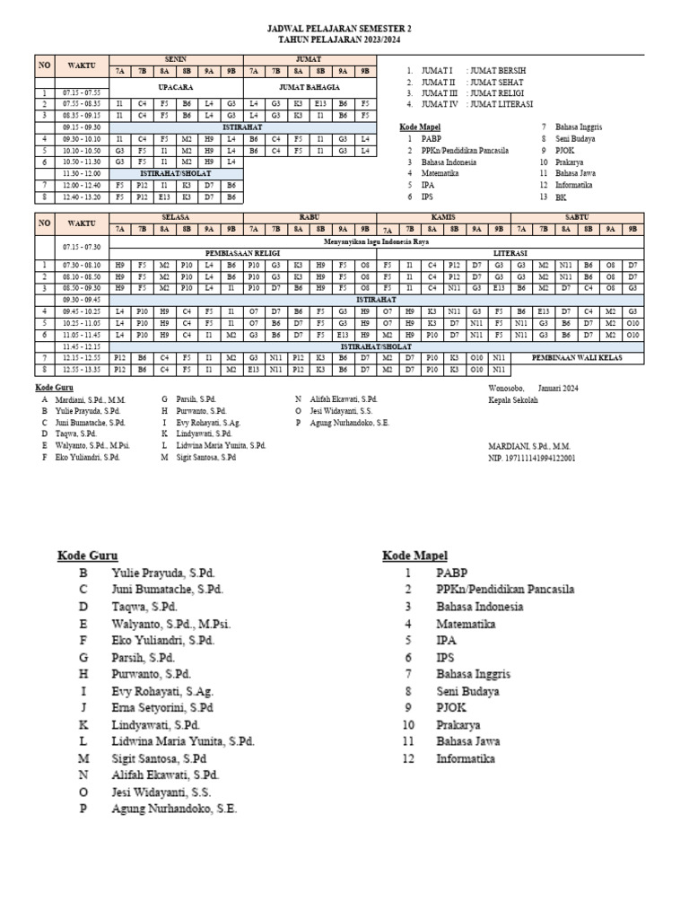 Jadwal Pelajaran Baru 2023.2024 SMT 2 | PDF