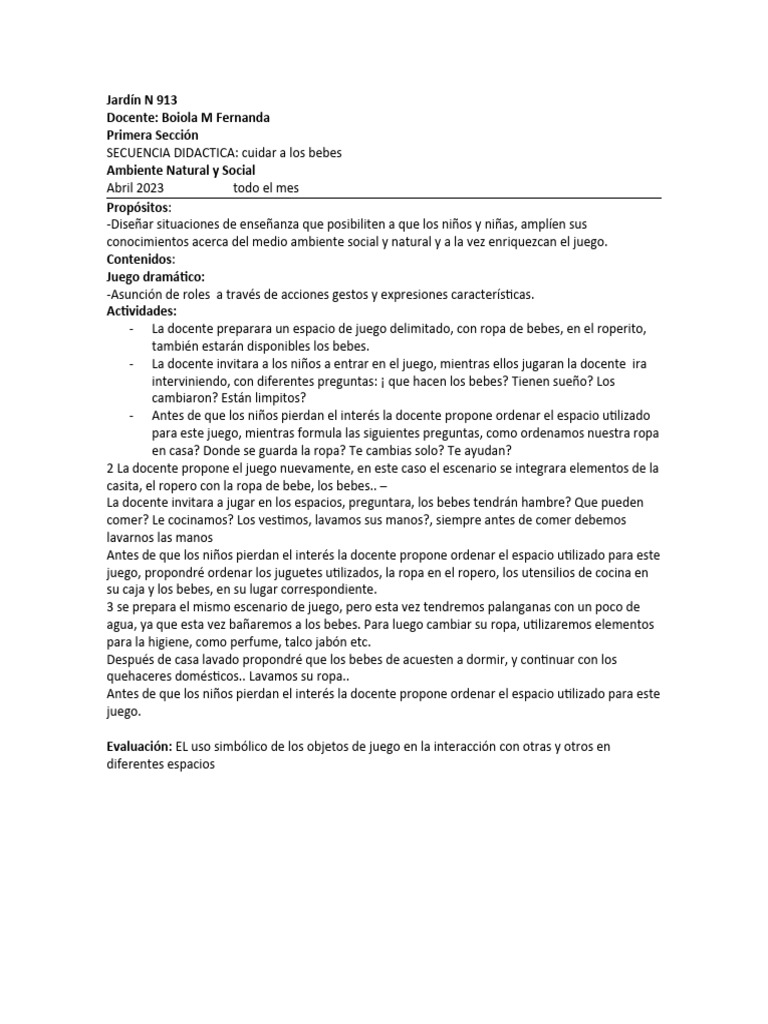Juego dramático: Cuidado de bebés | PDF | Artes del Lenguaje y ...