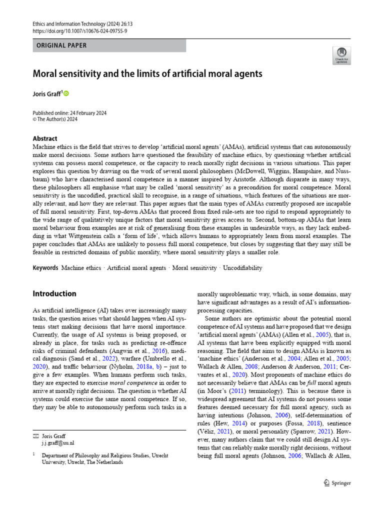 Moral Sensitivity and The Limits of Artificial Moral Agents: Joris ...