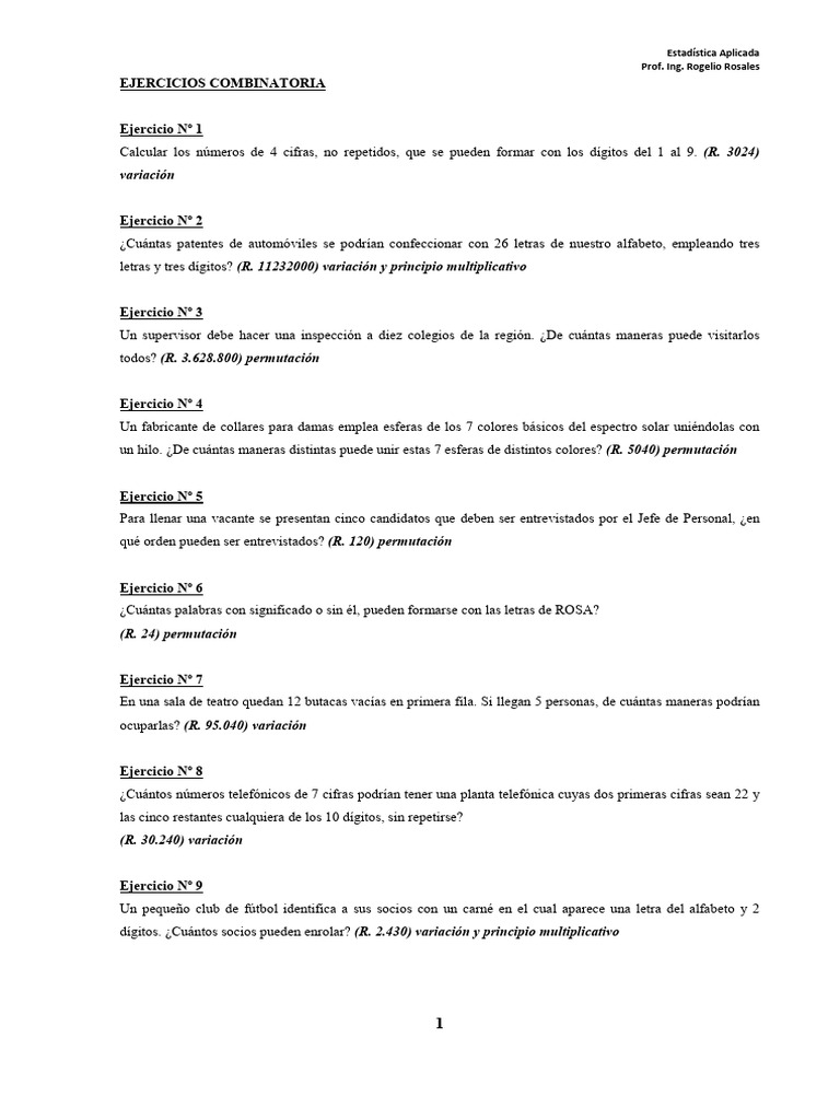 Ejercicios de Combinatoria y Números Combinatorios | PDF | Matemáticas