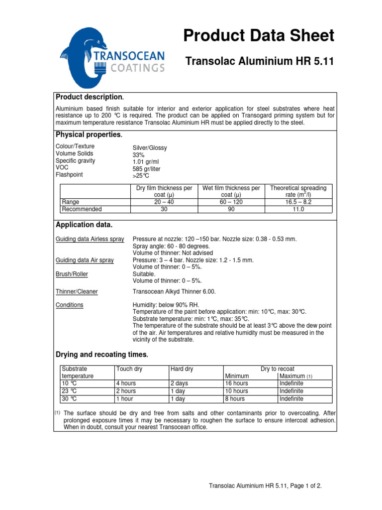 Transolac Aluminium HR 5.11 Data Sheet | PDF | Paint | Materials