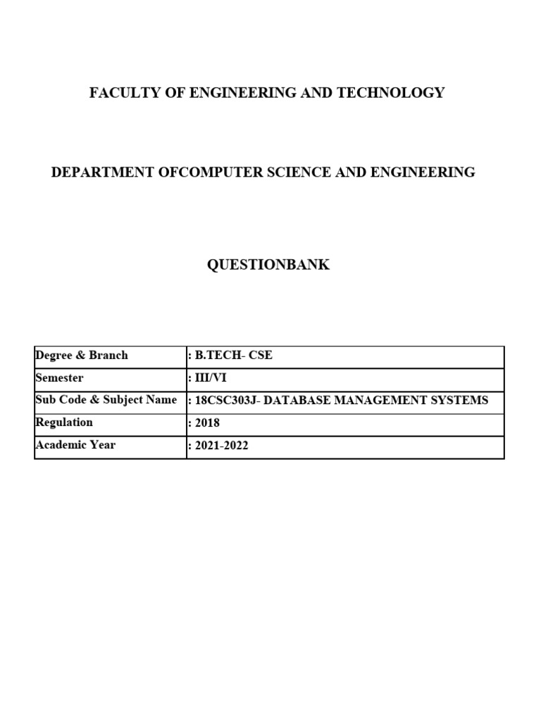 Database Management Systems Question Bank | PDF | Databases ...