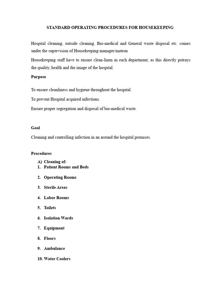 Standard Operating Procedures For Housekeeping | Download Free PDF ...