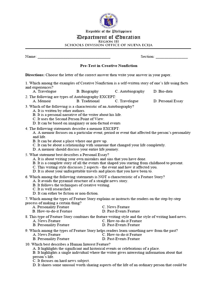Creative Nonfiction Pre-Test Guide | PDF | Narration | Essays