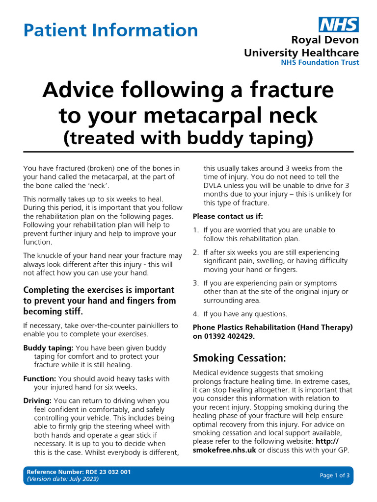 Patient Information Leaflet Advice Following A Fracture To Your Metacarpal Neck Treated With