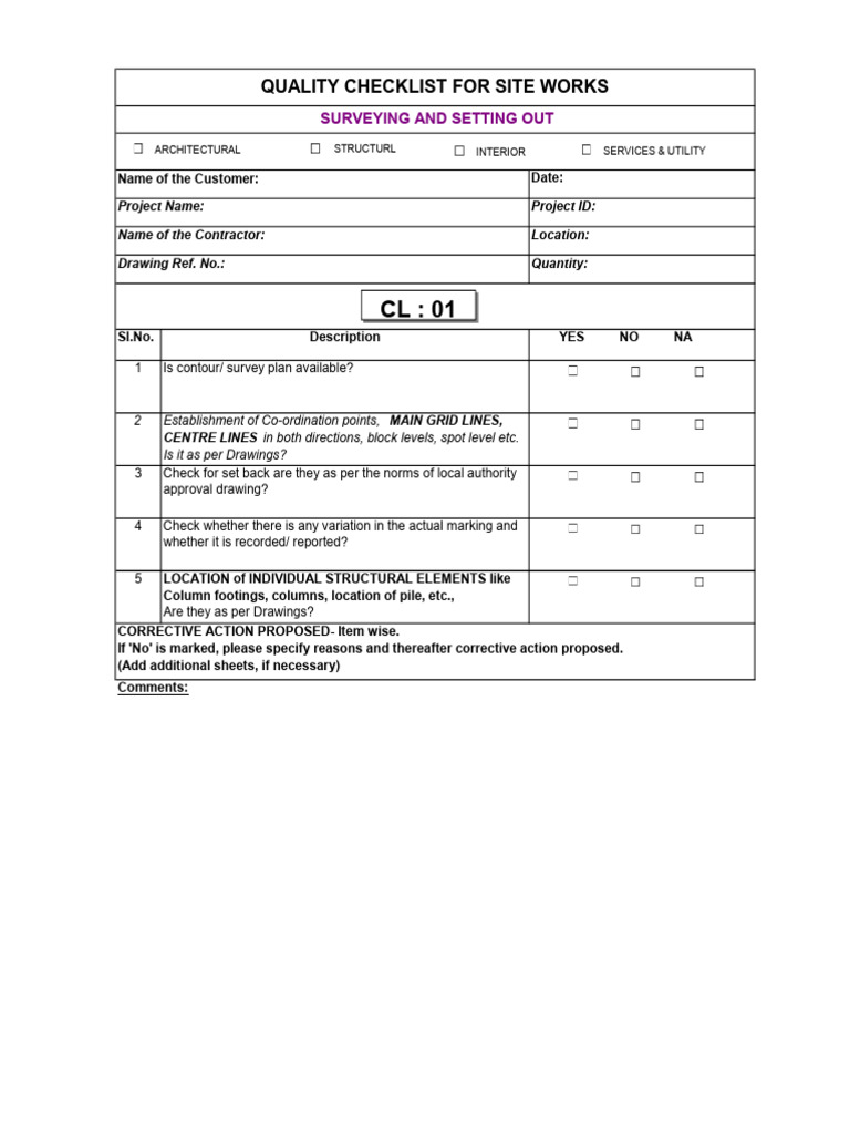 Quality Checklist For Site Works: Surveying and Setting Out | PDF