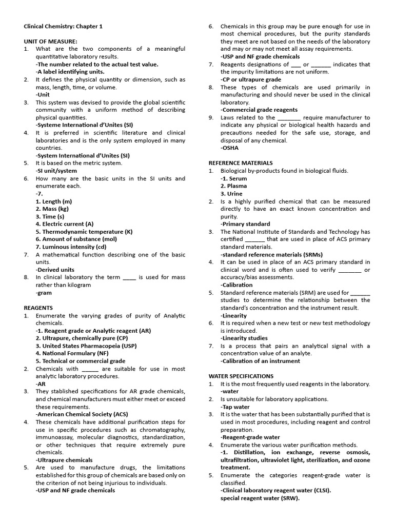 Clinical Chemistry - Chapter 1 Practice Questions | PDF | Applied And ...