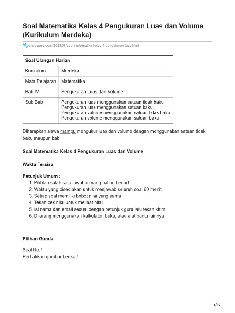 Soal Volume dan Luas Kelas 4 SD | PDF