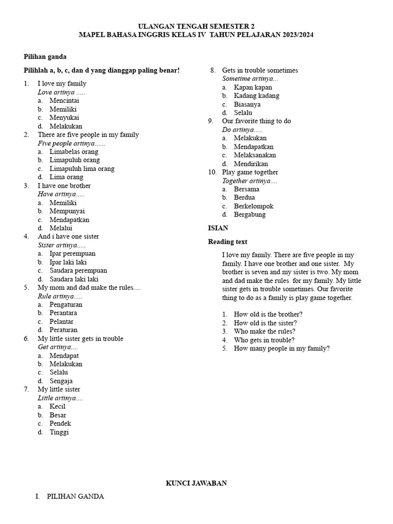 Ulangan Bahasa Inggris Kelas Iv 2024 Pdf