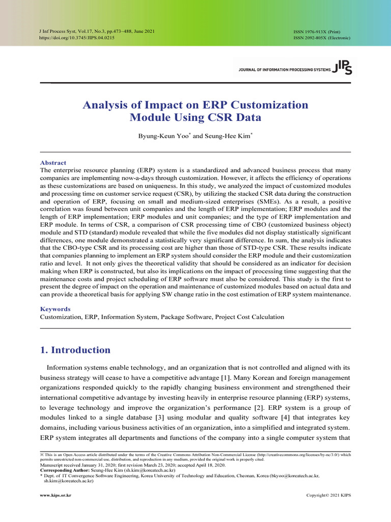 Analysis of impact on erp customization module using csr data