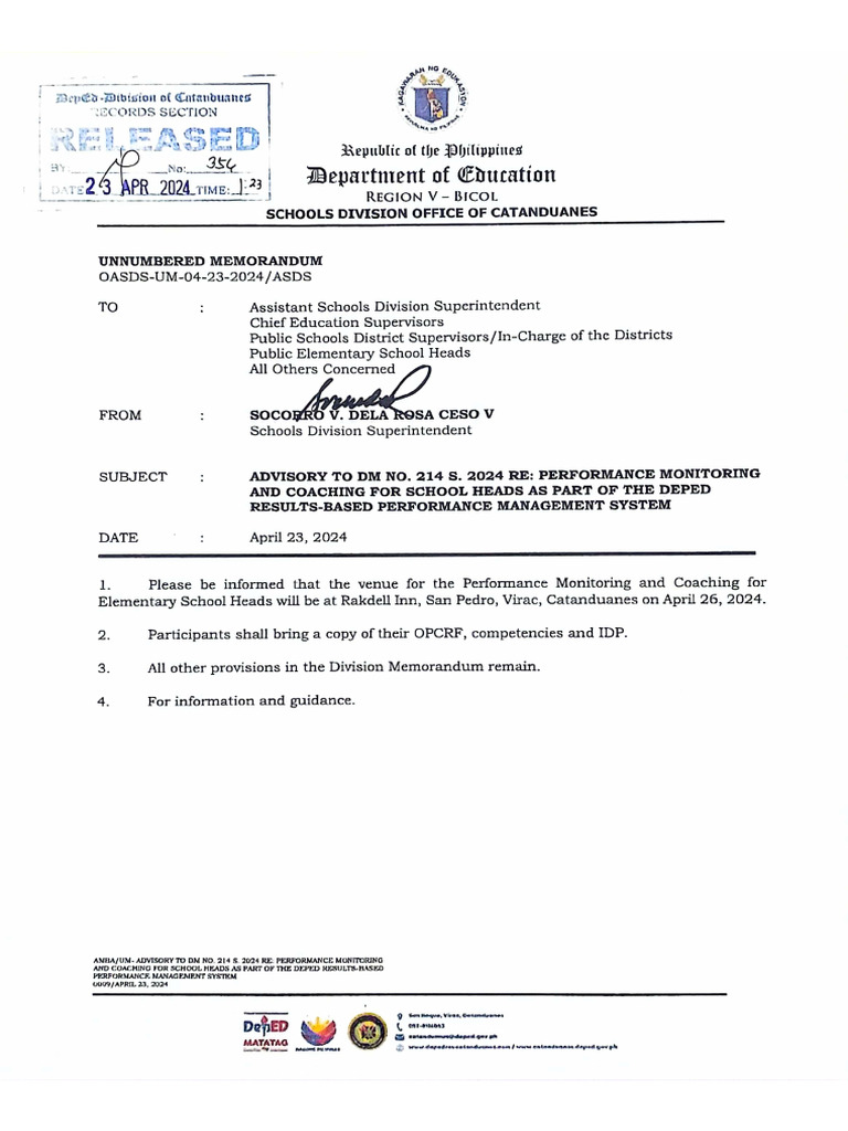 Rec Um 2024 Advisory To DM No. 214 S 2024 Re Performance Monitoring and ...